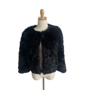 Banana Republic Womens XS Black Faux Fur Cropped  Open Front Collarless Coat